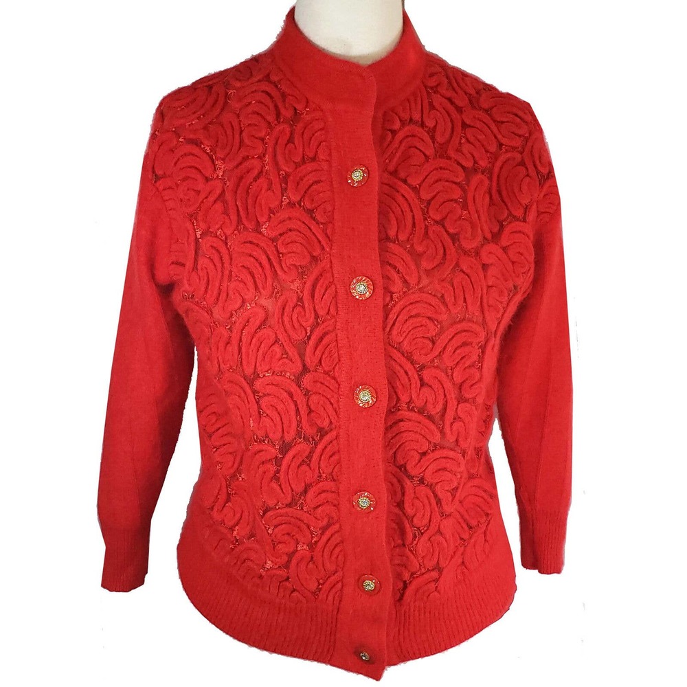 VINTAGE Zell 80s Red Angora Mohair Jeweled Button Sleeve Cardigan , L